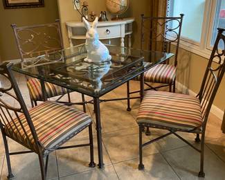 glass top square set with four chairs, metal frame scroll look 