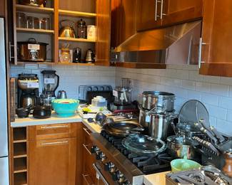 Great Kitchen tools, small electrics serving pieces dishes etc for sale during in-person shopping hours Friday and Saturday