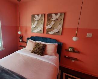 Queen bed, mattress, and bedding