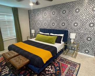 Blue King Sized bed, mattress, and bedding