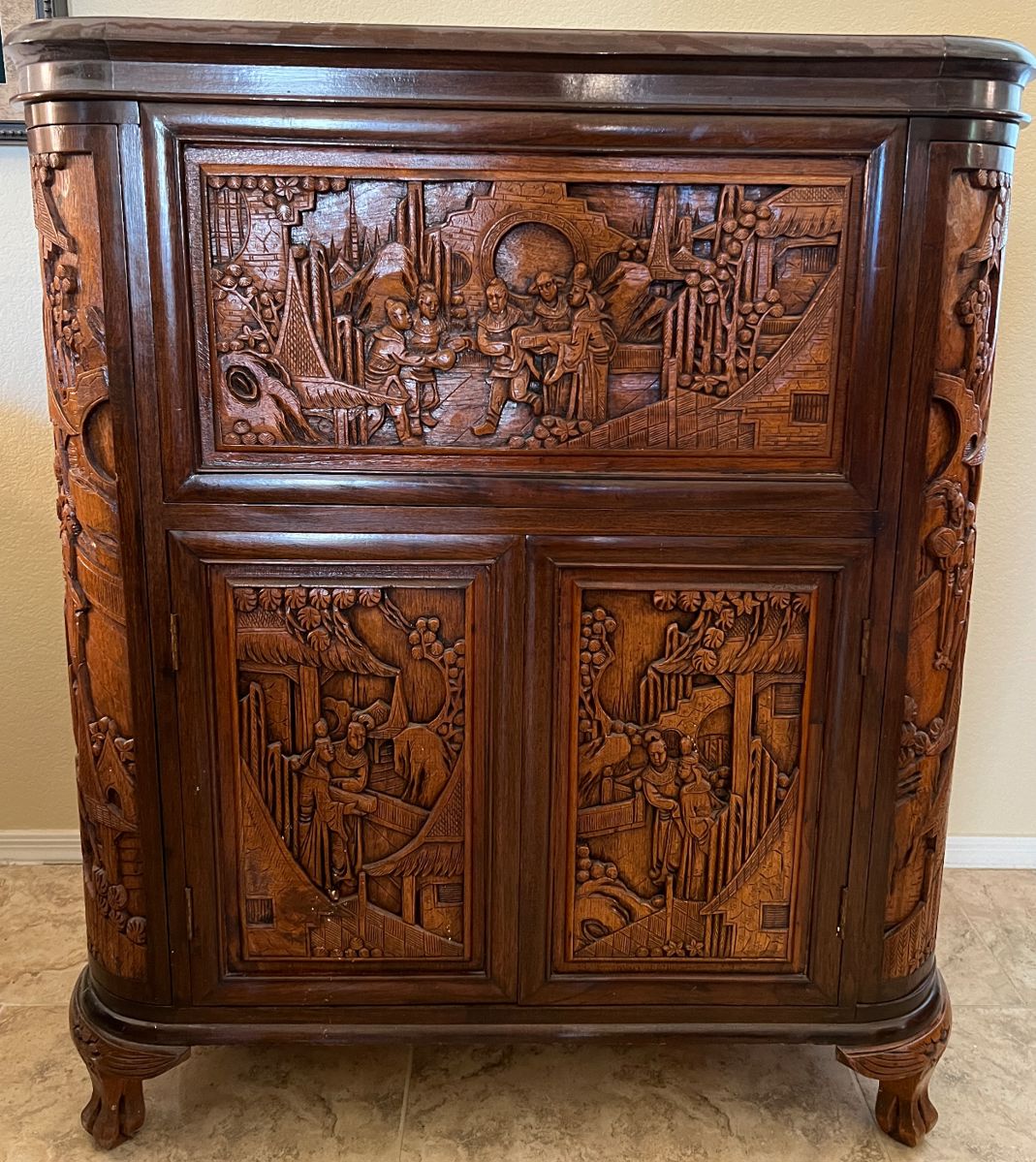 George Zee Mid Century Asian Hand Carved Teak Dry Bar Cabinet 