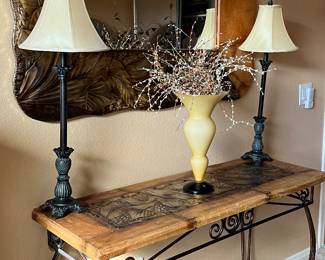 Matching Table and Mirror Leather and Etched Metal, Accent Lamps