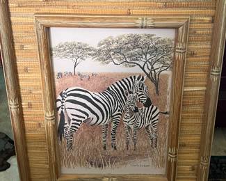 Art 1976 Gloria Eriksen Zebras in Bamboo Frame