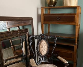 Hooker Nightstands, Brass Table Lamp, Antique Chair, Mirrors