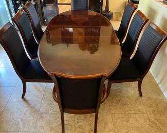 1980s Stanley Empire Style Extendable Oval Cherry Dining Table w Leaf, 6 Side Chairs and 2 Arm Chairs