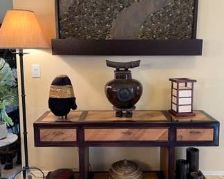 Peck and Hills Entry Table/Sofa Table, Waterfall Wall Art, Floor Lamp. Decor