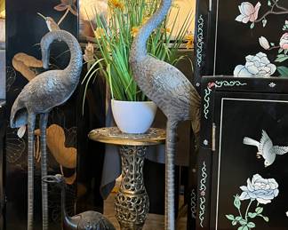 Set/2 Metal Cranes, Brass Table, Asian Chests