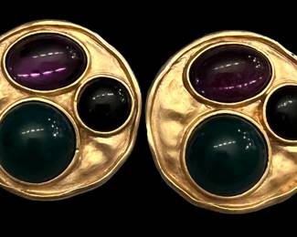 Vtg Cabochon Disc Earrings w Gemstones