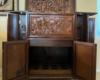 George Zee Mid Century Asian Hand Carved Teak Dry Bar Cabinet