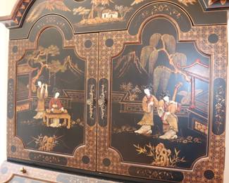 Asian Chinoiserie Black Lacquer and Gold Secretary Desk
