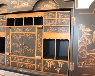 Asian Chinoiserie Black Lacquer and Gold Secretary Desk