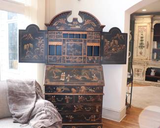 Asian Chinoiserie Black Lacquer and Gold Secretary Desk