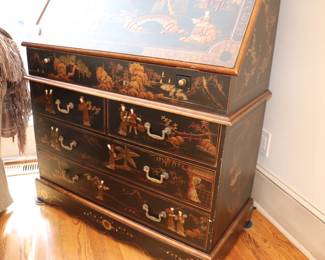 Asian Chinoiserie Black Lacquer and Gold Secretary Desk