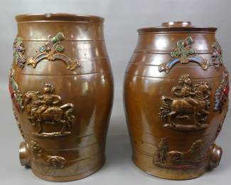 Pr antique English stoneware liquor kegs
