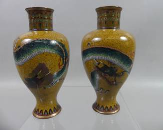 Pair Japanese cloisonne mini vases - dragons