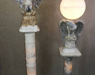 2 carved alabaster eagle lamps on pedestals