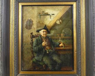 Signed painting of man smoking in interior
