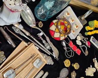 Japanese sterling salt and pepper instruments, antique lockets, antique hatpins.