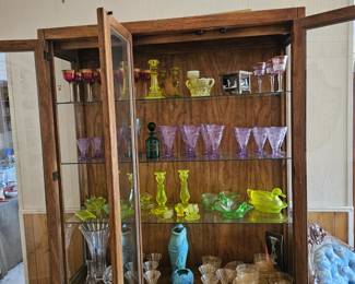 Vaseline glass, Van Briggle pottery, Murano glass set, lavender 'stag & castle' stemware, Mary Gregory burner.