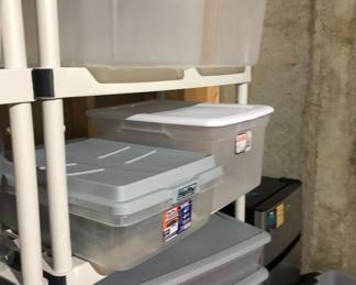 STORAGE CONTAINERS AND PLASTIC SHELVES