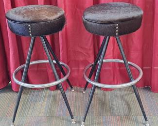 Pair Of Vintage 60's Style Swivel Barstools Reupholstered In Black Cowhide