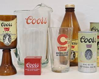 Vintage Coors Banquet Pitcher, Cans And Glassware