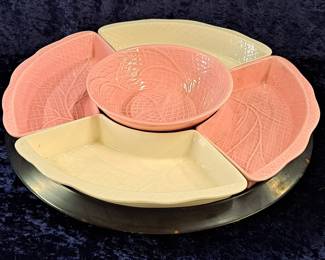 Vintage MCM California Pottery Chip And Dip Set W Metal Lazy Susan
