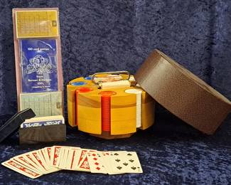 Vintage Poker Chip Set, KEM 1947 Bakelite Casewith 2 Decks Of Cards, Benson And Hedges Playing Cards