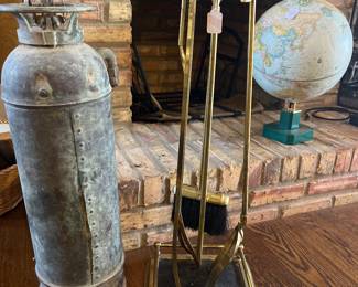 Vintage solid brass fireplace tools and copper fire extinguisher 