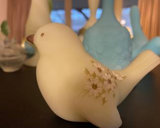 Vintage Hand Painted Custard Uranium Glass Songbird