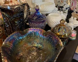 Northwood Rose Show Iridescent Carnival Glass with matching pieces 