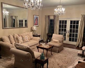 Oversized mirror , couch , set of chairs , silk curtains , 
