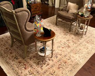Set of high back chairs , side tables, rug 