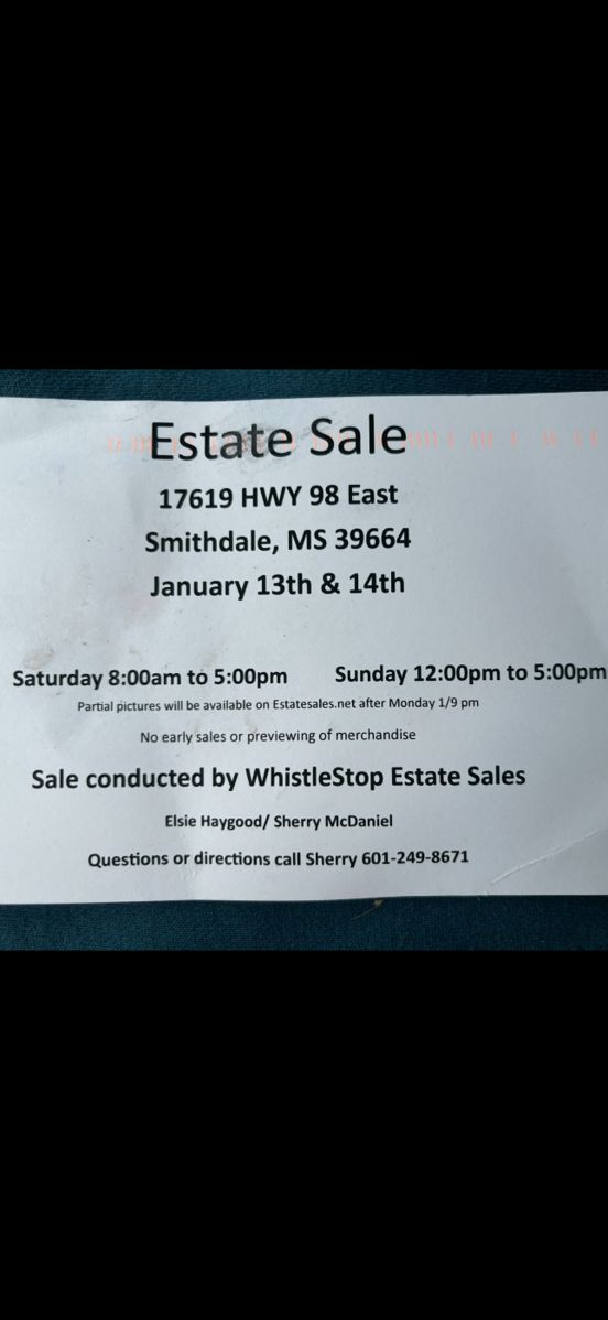 WhistleStop Estate Sales in Smithdale, MS starts on 1/13/2024