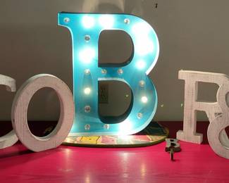 Lighted Metal Industrial "B" Tabletop Sign, Powers On, Wood Letters C, O, R, And Ampersand, And "B" Wall Hook, Total Qty 6
