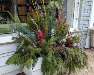 Concrete Planter With Christmas Floral Arrangement, 18" x 30" x 15", Kink Free Garden Hose, And Nozzles, Qty 2