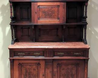 Antique Two Piece Buffet And Hutch, Overall Measurements, 84" H x 54" W x 22" D, 2 Drawer 2 Door Buffet With Removable Marble Top, 36" x 54" x 22", Missing Keys, And Unattached One Door Hutch, 48" x 52.5" x 14"