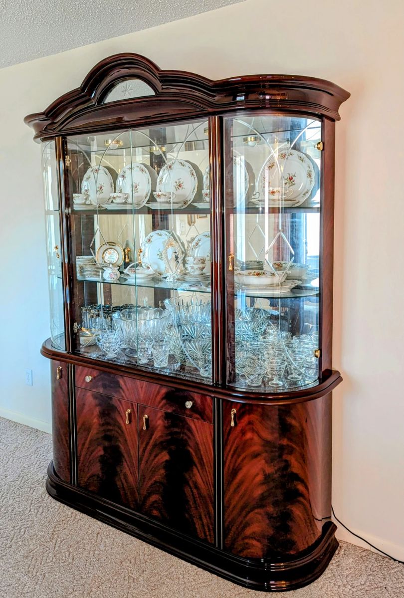 Saturday's Price = $150 - GORGEOUS Art Deco Look China Cabinet with Bow Front and Cut Glass Doors, lighted.   Four bottom doors and one drawer. 83.5" Tall, 64" long, 17" deep.