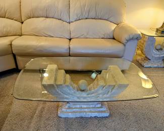 MEDITERRANEAN Tessellated Mactan Stone, 1980's Post Modern era - $420.00, has 14" tempered and beveled glass, 36" wide, 48" long, 16.5" tall