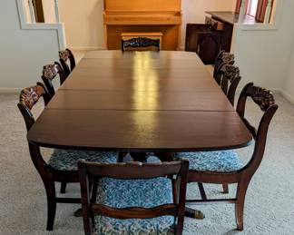 Antique Triple Pedestal Wood Dining Table - $600. 
EXCELLENT CONDITION - over 120 years old with Brass Claw Feet- with 2 leaves. 76.5" long 40" wide, 30" tall (leaves are 10" wide). 