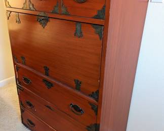 Saturday's price = $70.  Thomasville Red Secretary / Chest - Asian look.  Four drawers with pull-down desk top - 54.5" tall, 36" wide, 18" deep. 