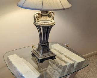 MEDITERRANEAN Tessellated Mactan Stone, 1980's Post Modern era - End Tables - $220.00  each (there are 2), has 1/4" tempered and beveled glass, 26" wide, 30" long, 21" tall.  Large Metal Lamps (2) are $50 each.