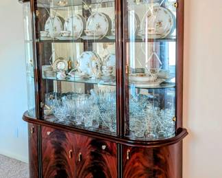 Saturday's Price = $150 - GORGEOUS Art Deco Look China Cabinet with Bow Front and Cut Glass Doors, lighted.   Four bottom doors and one drawer. 83.5" Tall, 64" long, 17" deep.
