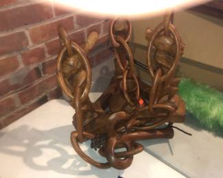 AFRICAN MAHOGANY HAND CARVED WOODEN CHANDELIERS WITH CARVED FIGURES