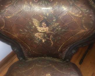 CLOSE UP VIEW OF RARE US CONGRESSIONAL EAGLE SIDE CHAIR HAND PAINTED LEATHER SEAT - CIRCA 1860