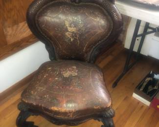 FULL VIEW OF RARE US CONGRESSIONAL EAGLE SIDE CHAIR HAND PAINTED LEATHER SEAT - CIRCA 1860