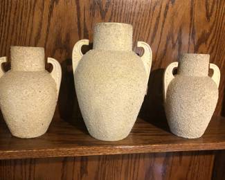 REVERSE BACK OF SET OF 3 ANTIQUE POTTERY/GLASS SET WITH DECORATIVE FLOWERS ON FRONTS