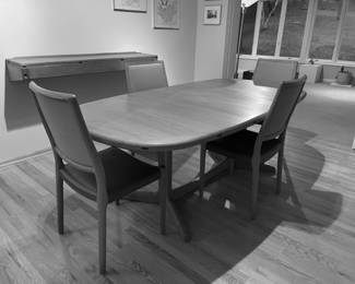 SOLD……………4 Niels Otto Moeller Model #80 High Back Chairs and Teak Table with One Large Leaf, excellent condition (Sold as a 5 piece set) Table measurements: 80” with leaf, leaf measures 19 1/2”,              28 3/4”H