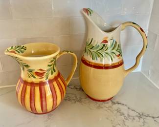 Left: $30 - SOLD Southern Living Gail Pittman SIENNA PROVENCE LAUREL RING 48 oz pitcher - 8" H 7 1/4" Diameter widest #2 11" H by 5" widest part; $40 - Right - Southern Living Gail Pittman Siena Garland Tall 12" Pitcher 80-oz