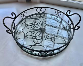 $40 - Southern Living at Home Jamestown Round Wrought Iron Glass Tray Footed Handles -  3" H by 16" L (with handles) by 14" D